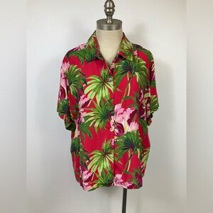 ILYSE HART LTD Vintage Tropical Red & Green Women’s Floral Hawaiian Shirt Size L
